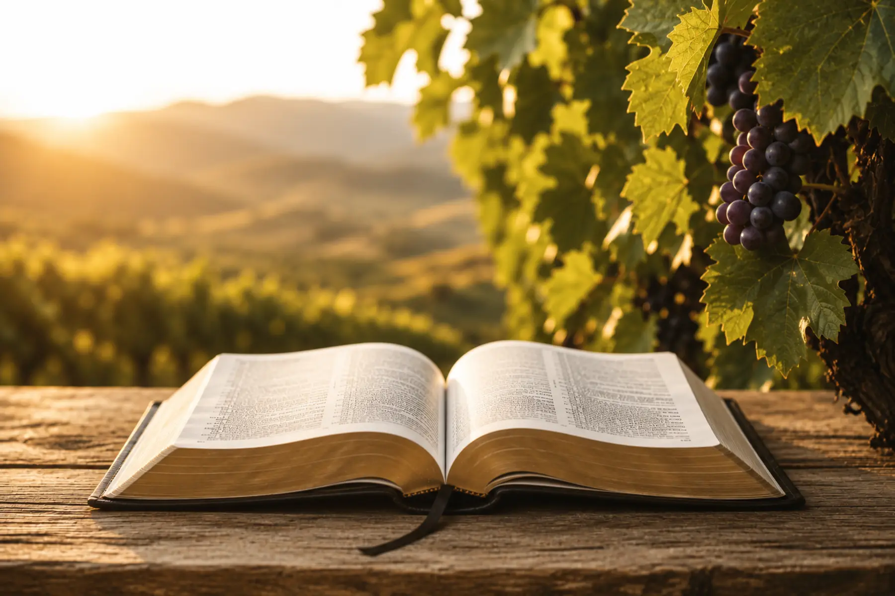 An open Bible on a wooden table before sunlit Temecula Valley vineyards